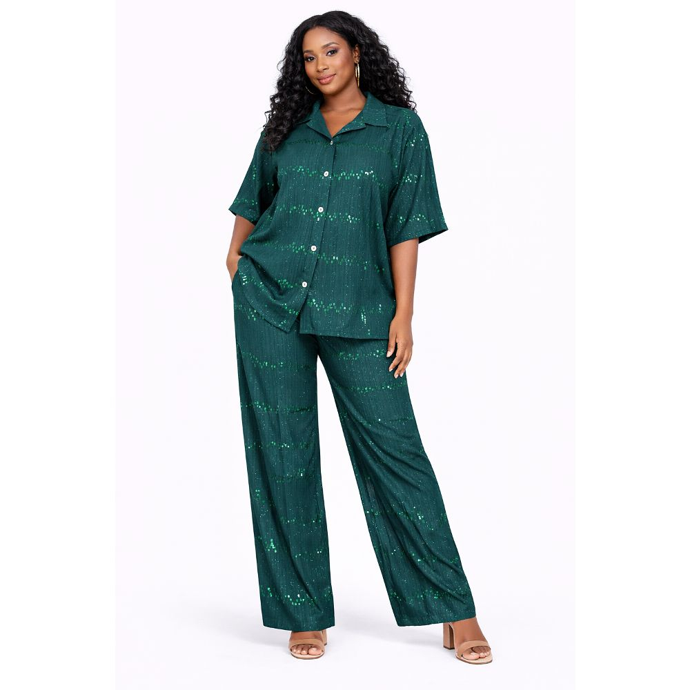 Women Dark Teal Shimmer Two Piece Trouser Set